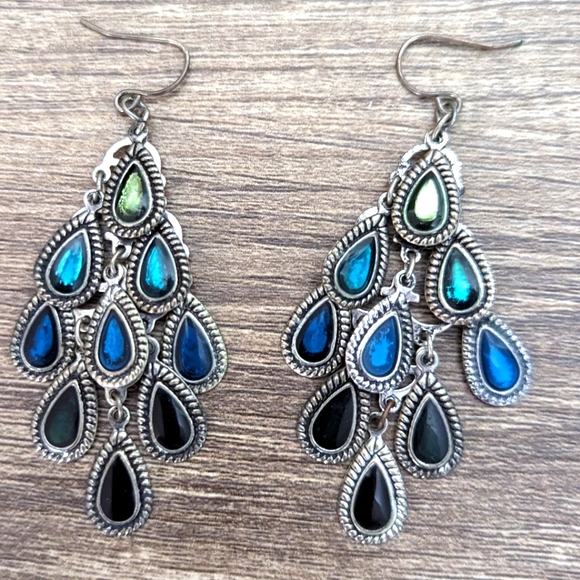 Blue Green Scales Dangle Earrings - Picture 2 of 3